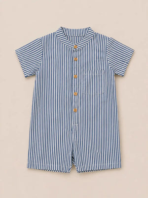 BloomUp Boys Blue & White Striped Cotton Romper – Short Sleeve Casual Summer Outfit for Toddlers