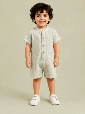 BloomUp Boys Sage Green & White Striped Cotton Romper – Short Sleeve Casual Summer Outfit for Toddlers
