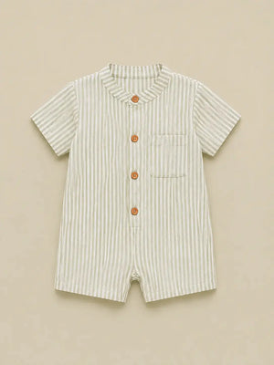 BloomUp Boys Sage Green & White Striped Cotton Romper – Short Sleeve Casual Summer Outfit for Toddlers