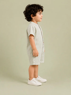 BloomUp Boys Sage Green & White Striped Cotton Romper – Short Sleeve Casual Summer Outfit for Toddlers