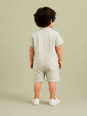 Boys Sage Green & White Striped Cotton Romper – Short Sleeve Casual Summer Outfit for Toddlers BloomUp