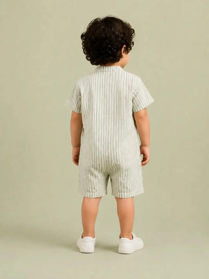 BloomUp Boys Sage Green & White Striped Cotton Romper – Short Sleeve Casual Summer Outfit for Toddlers