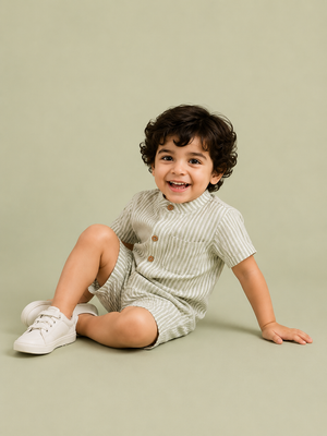 Boys Sage Green & White Striped Cotton Romper – Short Sleeve Casual Summer Outfit for Toddlers BloomUp
