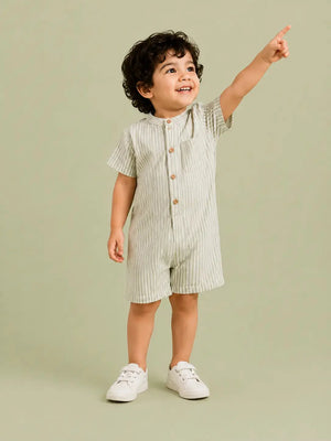 BloomUp Boys Sage Green & White Striped Cotton Romper – Short Sleeve Casual Summer Outfit for Toddlers