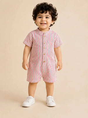 BloomUp Boys Red & White Striped Cotton Romper – Short Sleeve Casual Summer Outfit for Toddlers