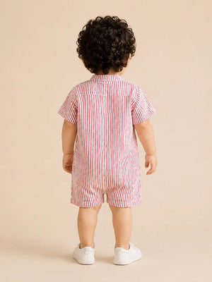 BloomUp Boys Red & White Striped Cotton Romper – Short Sleeve Casual Summer Outfit for Toddlers