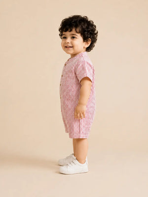 BloomUp Boys Red & White Striped Cotton Romper – Short Sleeve Casual Summer Outfit for Toddlers