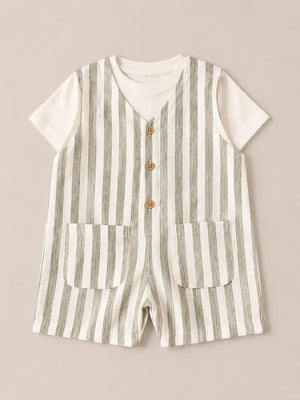 BloomUp White & Grey Striped Cotton Romper with T-Shirt for infants Boys – Comfortable Summer Outfit