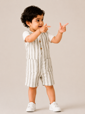 White & Grey Striped Cotton Romper with T-Shirt for Toddler Boys – Comfortable Summer Outfit BloomUp