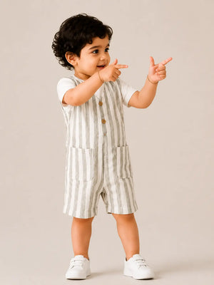 BloomUp White & Grey Striped Cotton Romper with T-Shirt for infants Boys – Comfortable Summer Outfit