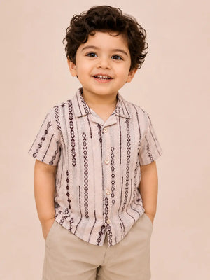 BloomUp Boys Ethnic Stripe Printed Cotton Shirt – Beige Casual Half Sleeve Summer Shirt