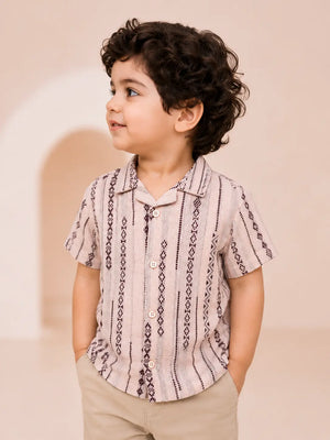 BloomUp Boys Ethnic Stripe Printed Cotton Shirt – Beige Casual Half Sleeve Summer Shirt