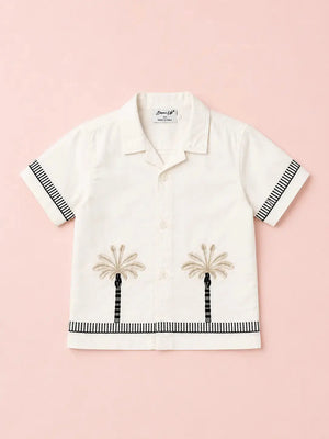 BloomUp Boys Palm Tree Embroidered Cotton Shirt – White Casual Half Sleeve Summer Shirt