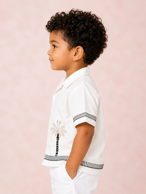 Boys Palm Tree Embroidered Cotton Shirt – White Casual Half Sleeve Summer Shirt BloomUp