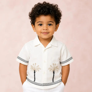 BloomUp Boys Palm Tree Embroidered Cotton Shirt – White Casual Half Sleeve Summer Shirt