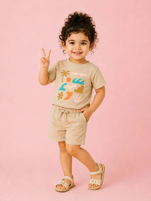 BloomUp Girls Beige Graphic T-Shirt & Shorts Set – Soft Cotton Summer Co-ord Outfit