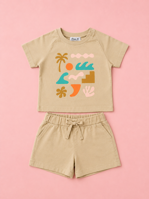 Girls Beige Graphic T-Shirt & Shorts Set – Soft Cotton Summer Co-ord Outfit BloomUp