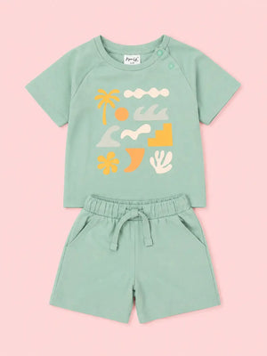 BloomUp Girls Sage Green Graphic T-Shirt & Shorts Set – Soft Cotton Summer Co-ord Outfit