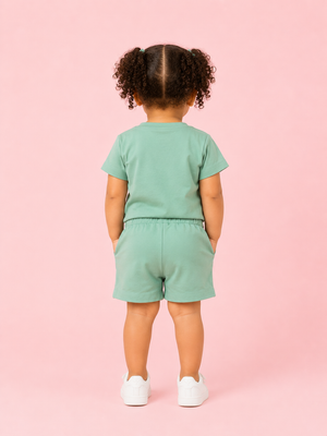 Girls Sage Green Graphic T-Shirt & Shorts Set – Soft Cotton Summer Co-ord Outfit BloomUp
