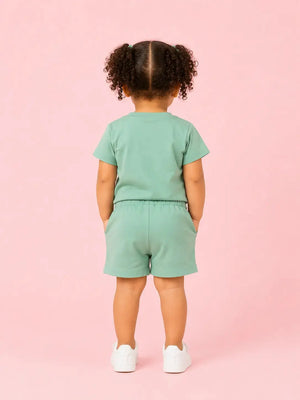 BloomUp Girls Sage Green Graphic T-Shirt & Shorts Set – Soft Cotton Summer Co-ord Outfit