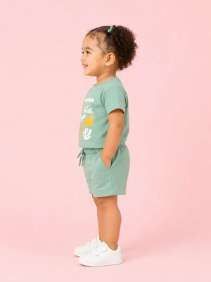 BloomUp Girls Sage Green Graphic T-Shirt & Shorts Set – Soft Cotton Summer Co-ord Outfit
