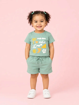 BloomUp Girls Sage Green Graphic T-Shirt & Shorts Set – Soft Cotton Summer Co-ord Outfit