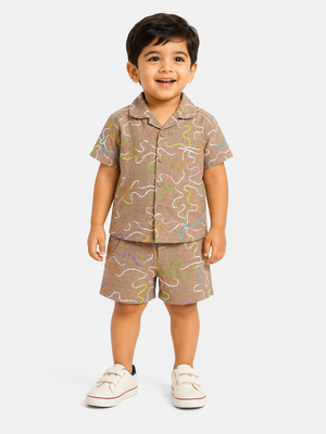 Boys Mocha Printed Shirt & Shorts Set Kidswear Cotton Stylish BloomUp