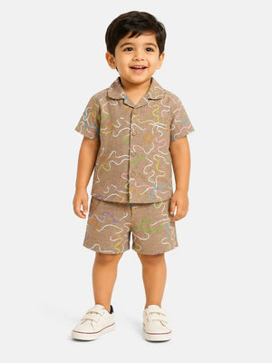 BloomUp Mocha Embroidered Co-ord Set for Boys – Soft Cotton Casual Summer Outfit