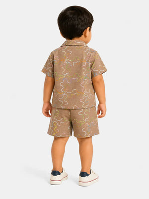BloomUp Mocha Embroidered Co-ord Set for Boys – Soft Cotton Casual Summer Outfit