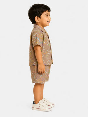BloomUp Mocha Embroidered Co-ord Set for Boys – Soft Cotton Casual Summer Outfit