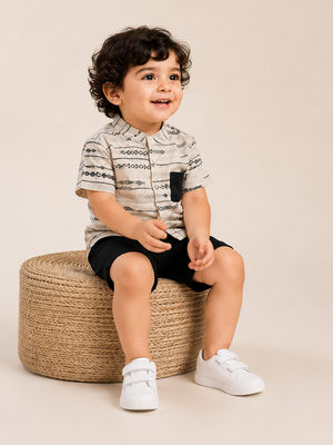 Boys Ethnic Print Shirt & Black Shorts Set ā Smart Casual Cotton Co-ord Outfit BloomUp