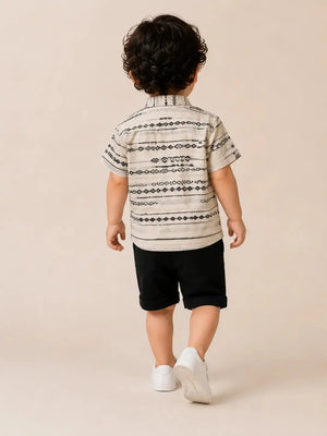 BloomUp Boys Ethnic Print Shirt & Black Shorts Set – Smart Casual Cotton Co-ord Outfit