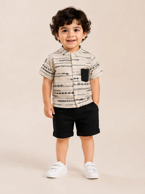 BloomUp Boys Ethnic Print Shirt & Black Shorts Set – Smart Casual Cotton Co-ord Outfit