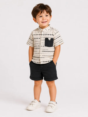 BloomUp Beige Printed Shirt & Black Shorts Set for Boys – Soft Cotton Casual Summer Outfit