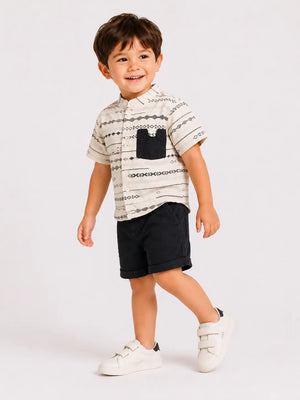 BloomUp Beige Printed Shirt & Black Shorts Set for Boys – Soft Cotton Casual Summer Outfit