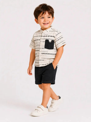 BloomUp Beige Printed Shirt & Black Shorts Set for Boys – Soft Cotton Casual Summer Outfit