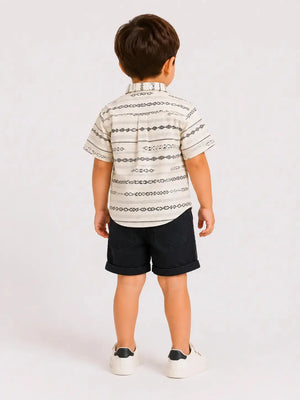 BloomUp Beige Printed Shirt & Black Shorts Set for Boys – Soft Cotton Casual Summer Outfit