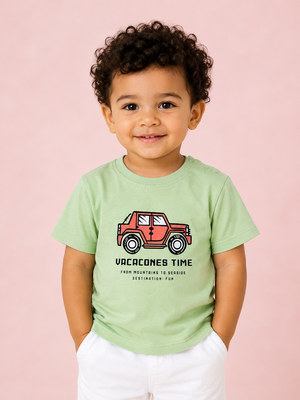 Boys Vacation Time Graphic Cotton T-Shirt – Light Green Casual Half Sleeve Tee for Kids BloomUp