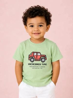 BloomUp Boys Vacation Time Graphic Cotton T-Shirt – Light Green Casual Half Sleeve Tee for Kids