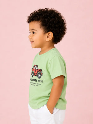 BloomUp Boys Vacation Time Graphic Cotton T-Shirt – Light Green Casual Half Sleeve Tee for Kids