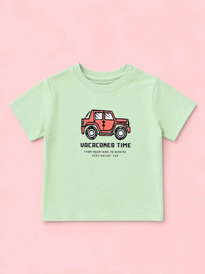 BloomUp Boys Vacation Time Graphic Cotton T-Shirt – Light Green Casual Half Sleeve Tee for Kids