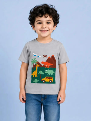 BloomUp Grey Dinosaur Graphic Cotton T-Shirt for Boys – Soft Round Neck Summer Casual Wear