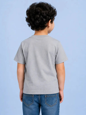 BloomUp Grey Dinosaur Graphic Cotton T-Shirt for Boys – Soft Round Neck Summer Casual Wear