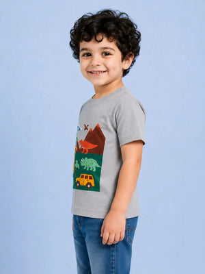BloomUp Grey Dinosaur Graphic Cotton T-Shirt for Boys – Soft Round Neck Summer Casual Wear