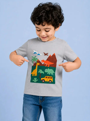 BloomUp Grey Dinosaur Graphic Cotton T-Shirt for Boys – Soft Round Neck Summer Casual Wear
