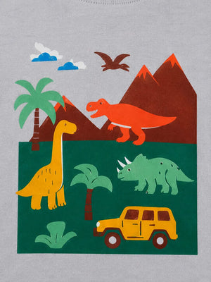 BloomUp Grey Dinosaur Graphic Cotton T-Shirt for Boys – Soft Round Neck Summer Casual Wear