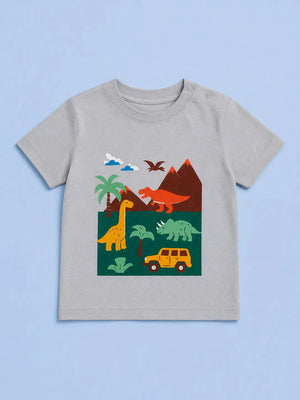BloomUp Grey Dinosaur Graphic Cotton T-Shirt for Boys – Soft Round Neck Summer Casual Wear