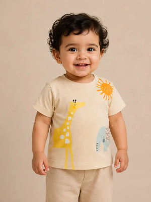 BloomUp Creame Jungle Animal Graphic T-Shirt & Shorts Set for Toddlers – Soft Cotton Summer Wear