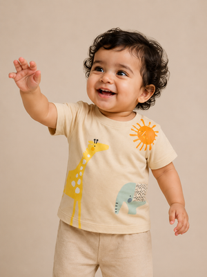 Beige Jungle Animal Graphic T-Shirt & Shorts Set for Toddlers – Soft Cotton Summer Wear BloomUp