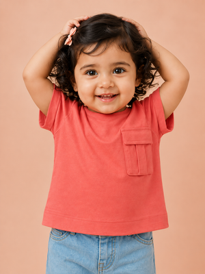 Girls Peach Pocket T Shirt Kidswear Cotton Stylish Comfortable Outfit BloomUp
